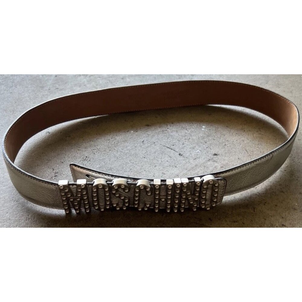 MOSCHINO Silver Embellished Logo Lettering Belt Leather Women’s Sz 44 Italy Made